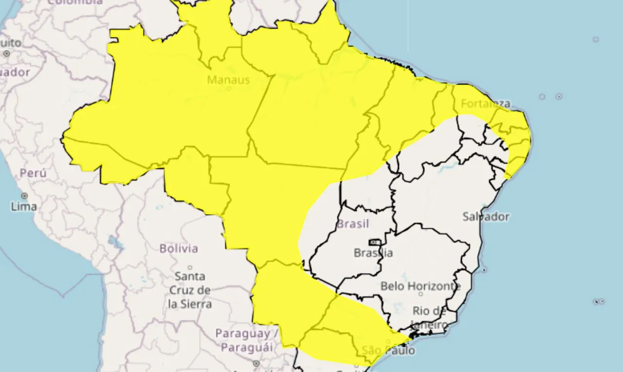 O mapa mostra as &aacute;reas em alerta para chuva intensa